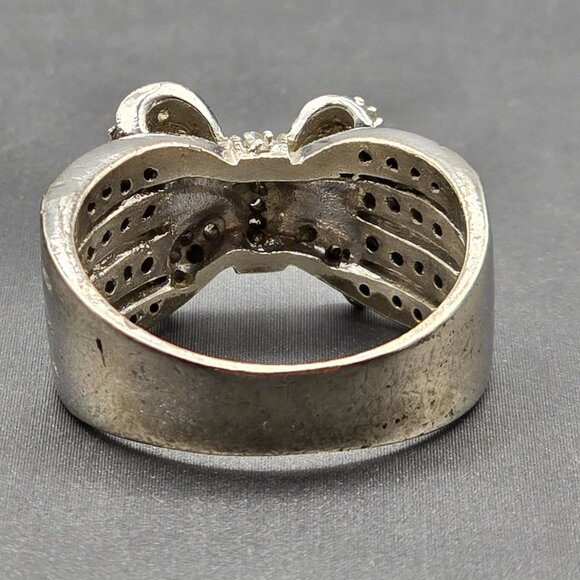 VTG Sterling Silver Marcasite & Clear Gemstone Bow Ring Size 9 Wide Band 8.03g - Picture 4 of 9